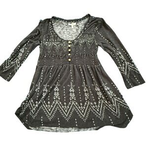 Maurices Womens Black Boho Geometric Print Henley Tunic Top Size Small H1016
